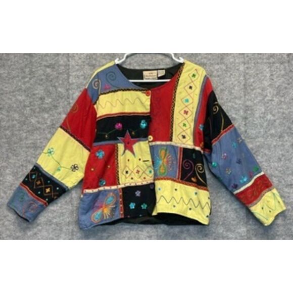 Vtg NEW DIRECTION Jacket Womens Med Multicolor Patchwork Button Down Embroidered - Picture 1 of 15